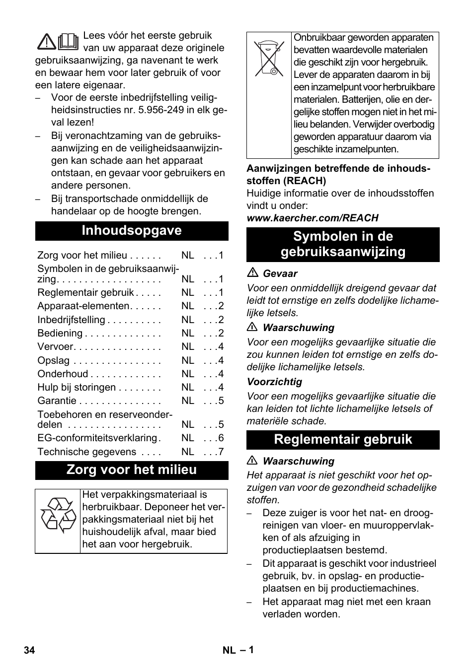 Nederlands, Inhoudsopgave, Zorg voor het milieu | Karcher IVC 60-30 Tact User Manual | Page 34 / 192