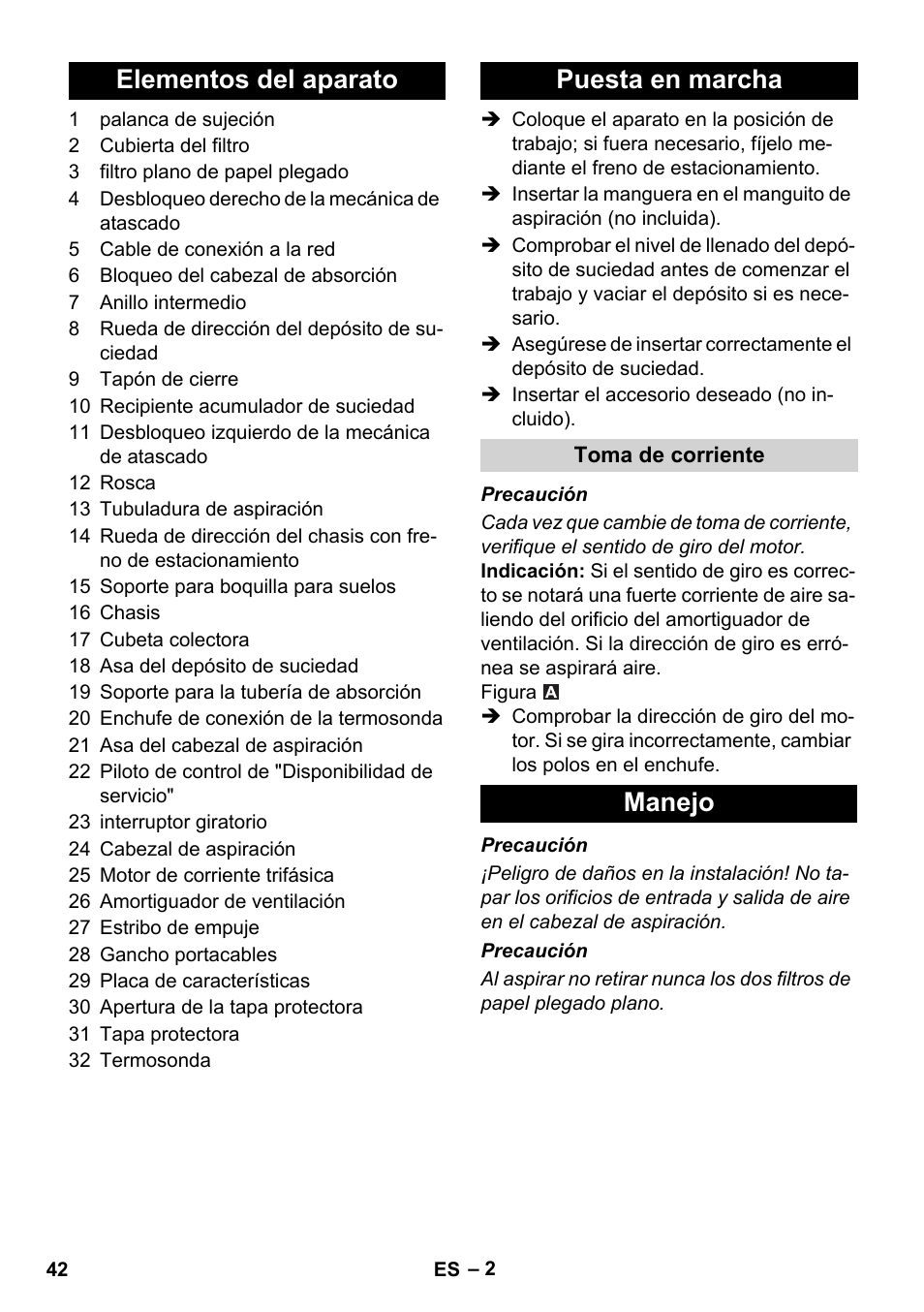Elementos del aparato puesta en marcha, Manejo | Karcher IVC 60-30 Tact User Manual | Page 42 / 192