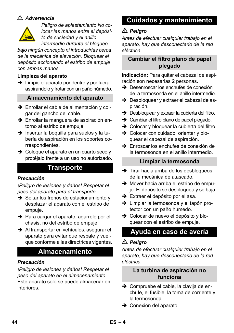 Transporte almacenamiento cuidados y mantenimiento, Ayuda en caso de avería | Karcher IVC 60-30 Tact User Manual | Page 44 / 192