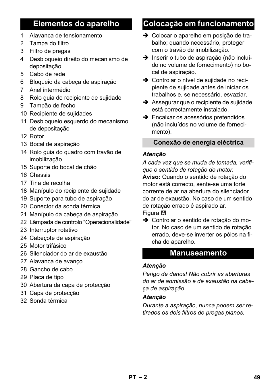 Elementos do aparelho colocação em funcionamento, Manuseamento | Karcher IVC 60-30 Tact User Manual | Page 49 / 192