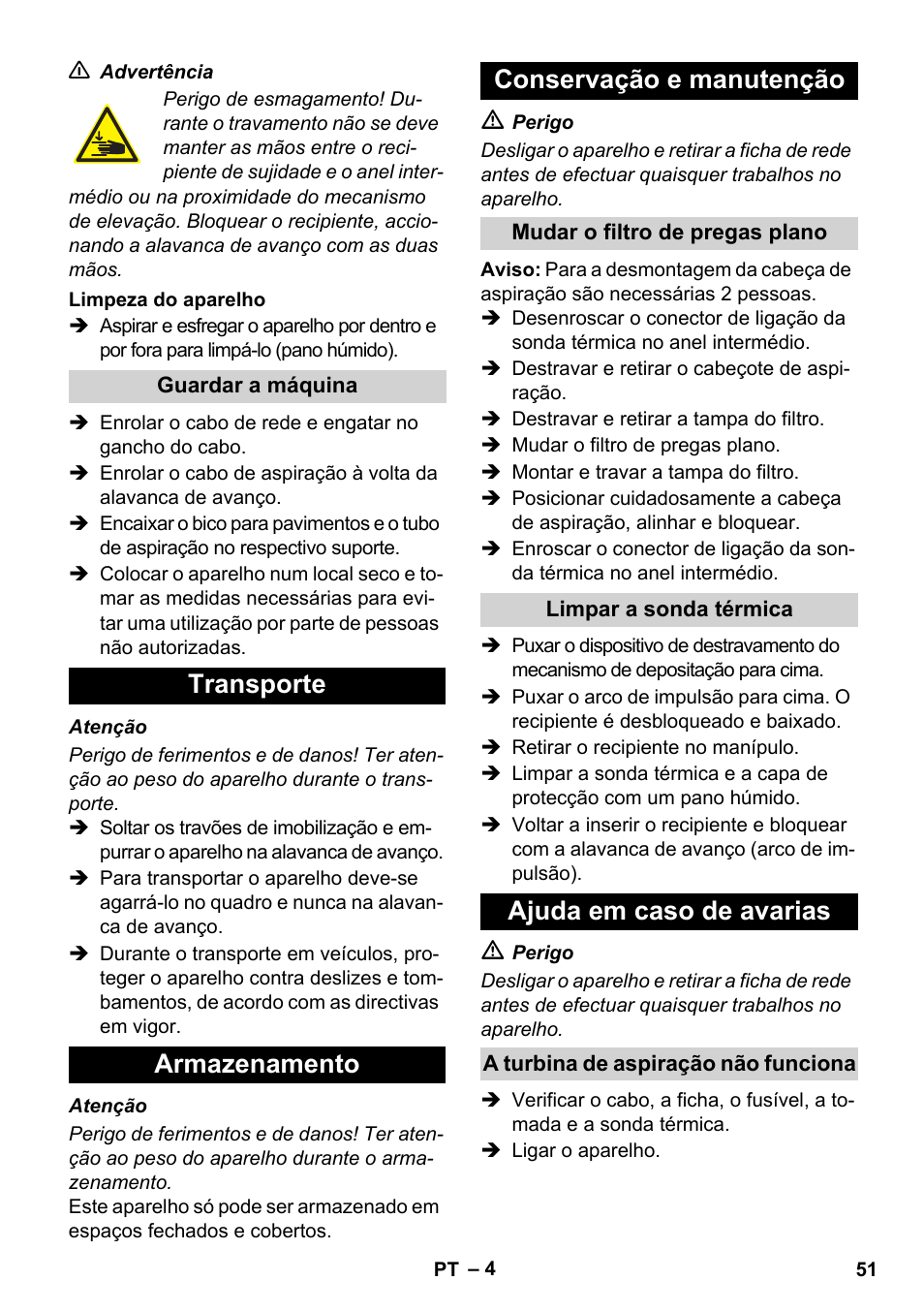 Transporte armazenamento conservação e manutenção, Ajuda em caso de avarias | Karcher IVC 60-30 Tact User Manual | Page 51 / 192