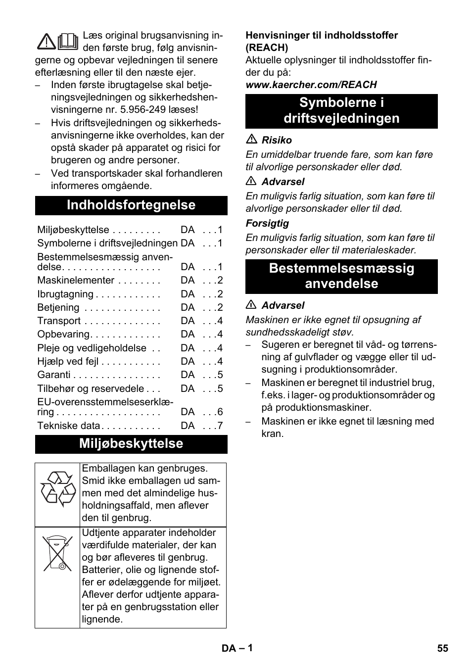 Dansk, Indholdsfortegnelse, Miljøbeskyttelse | Karcher IVC 60-30 Tact User Manual | Page 55 / 192