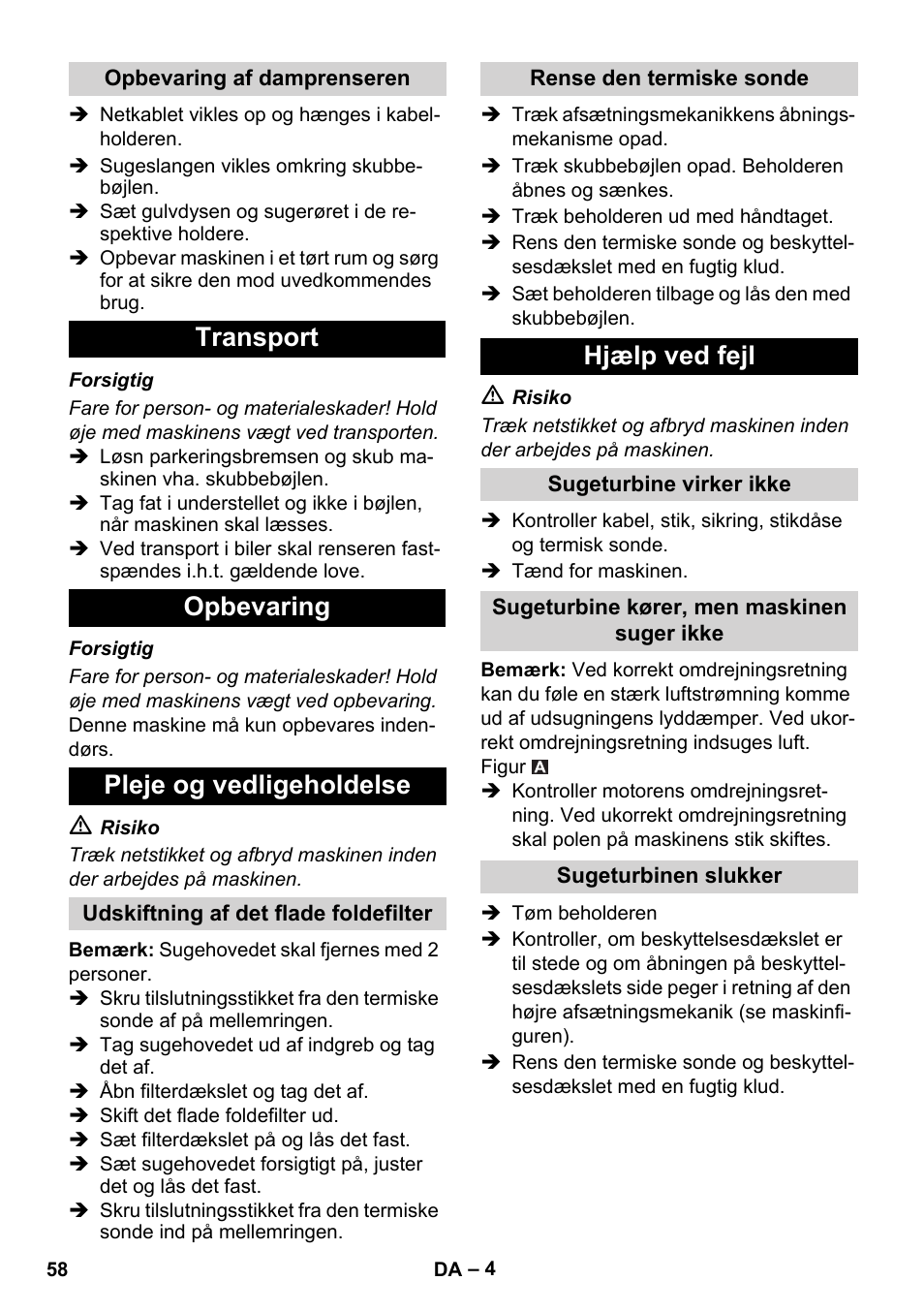 Transport opbevaring pleje og vedligeholdelse, Hjælp ved fejl | Karcher IVC 60-30 Tact User Manual | Page 58 / 192