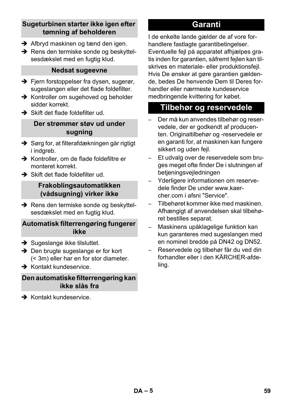 Garanti tilbehør og reservedele | Karcher IVC 60-30 Tact User Manual | Page 59 / 192