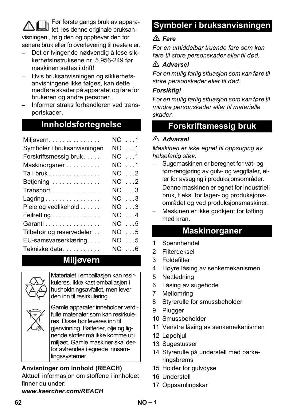 Norsk, Innholdsfortegnelse, Miljøvern | Karcher IVC 60-30 Tact User Manual | Page 62 / 192