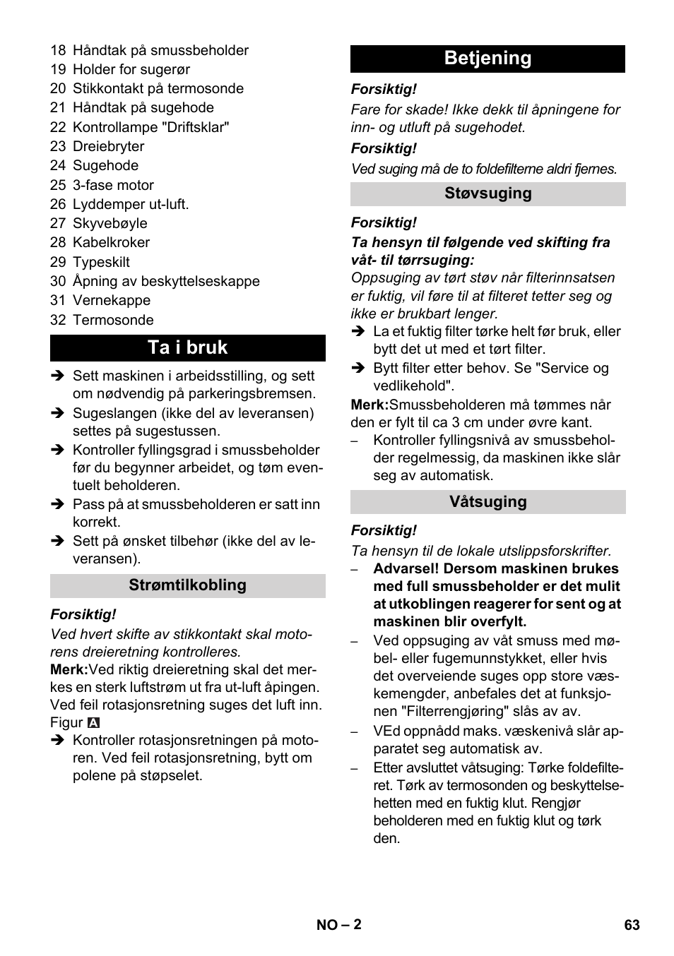 Ta i bruk, Betjening | Karcher IVC 60-30 Tact User Manual | Page 63 / 192