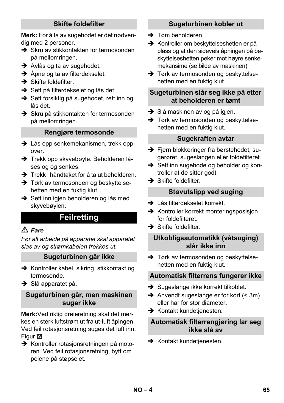 Feilretting | Karcher IVC 60-30 Tact User Manual | Page 65 / 192