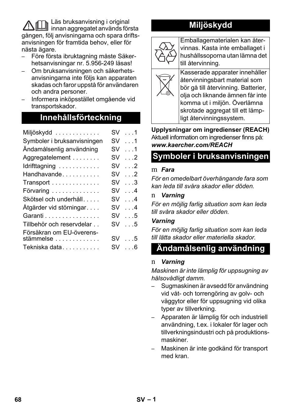 Svenska, Innehållsförteckning, Miljöskydd | Karcher IVC 60-30 Tact User Manual | Page 68 / 192