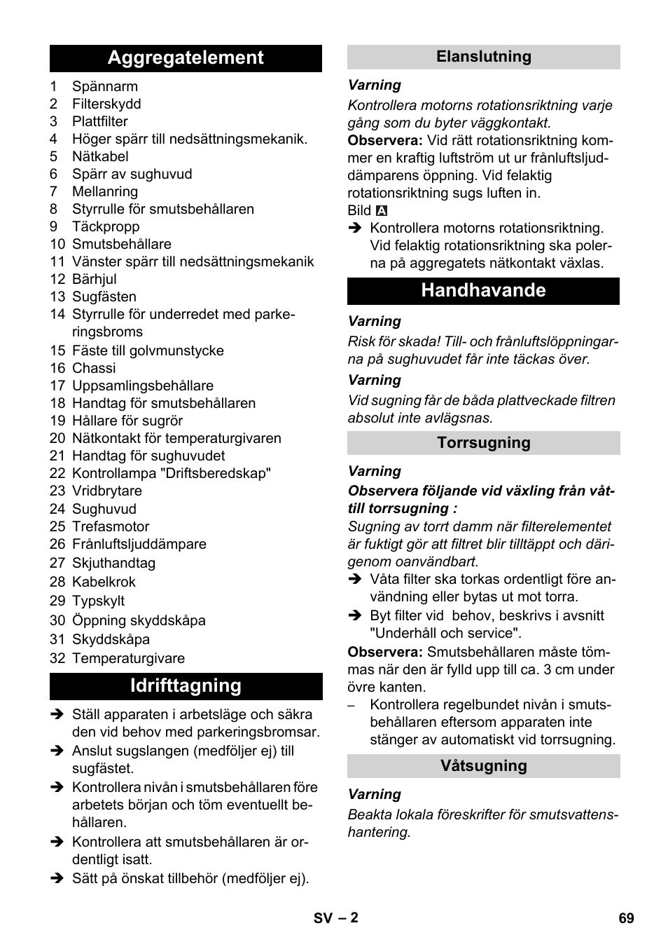 Aggregatelement idrifttagning, Handhavande | Karcher IVC 60-30 Tact User Manual | Page 69 / 192
