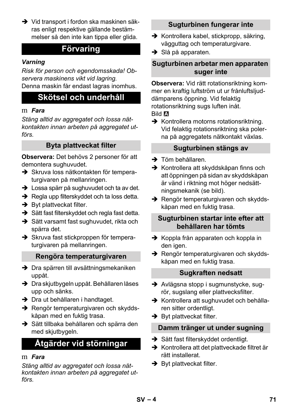 Förvaring skötsel och underhåll, Åtgärder vid störningar | Karcher IVC 60-30 Tact User Manual | Page 71 / 192