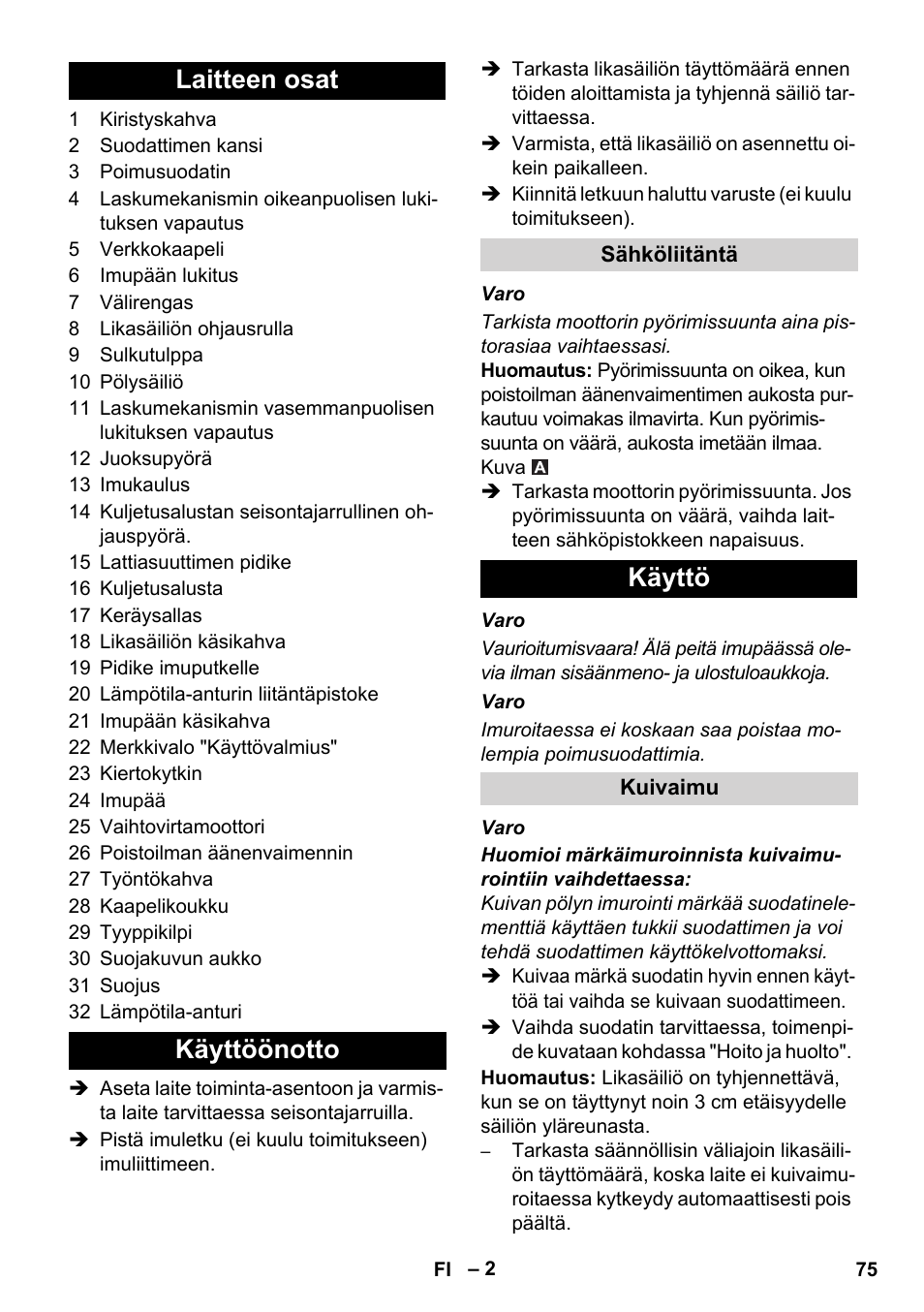 Laitteen osat käyttöönotto, Käyttö | Karcher IVC 60-30 Tact User Manual | Page 75 / 192