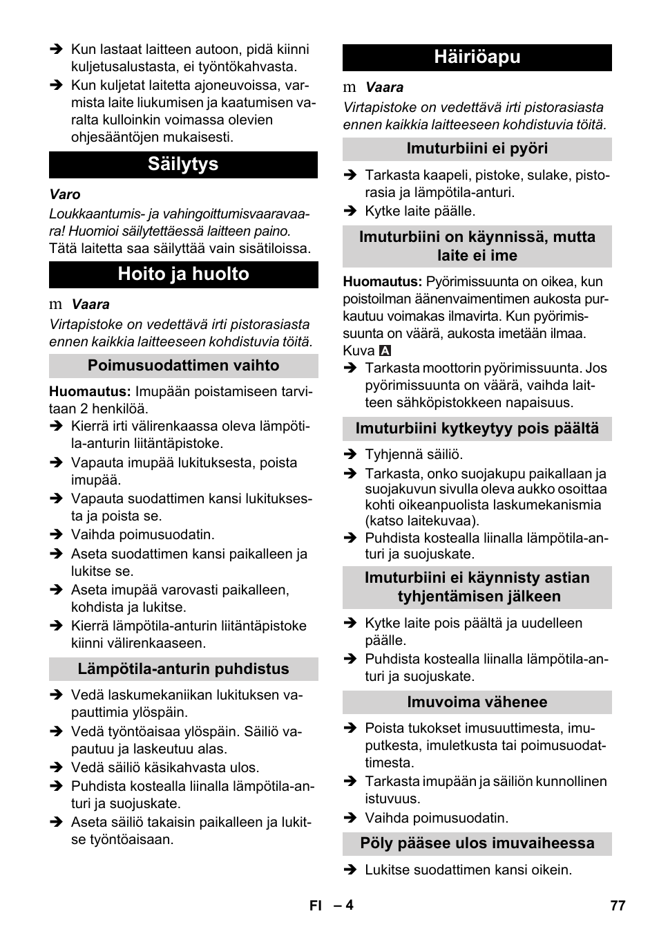 Säilytys hoito ja huolto, Häiriöapu | Karcher IVC 60-30 Tact User Manual | Page 77 / 192