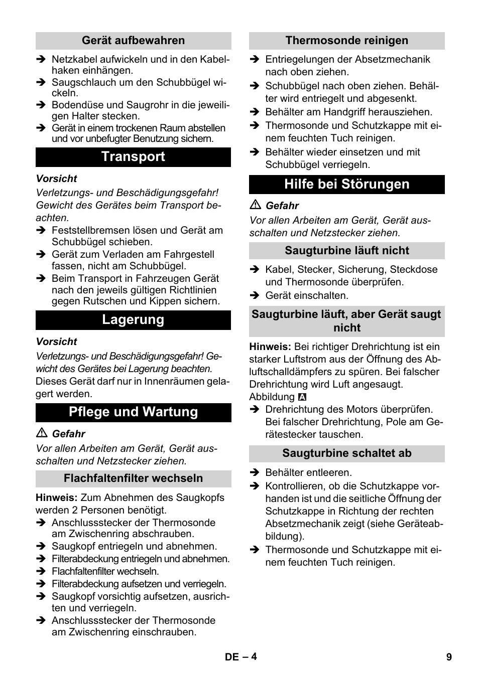 Transport lagerung pflege und wartung, Hilfe bei störungen | Karcher IVC 60-30 Tact User Manual | Page 9 / 192