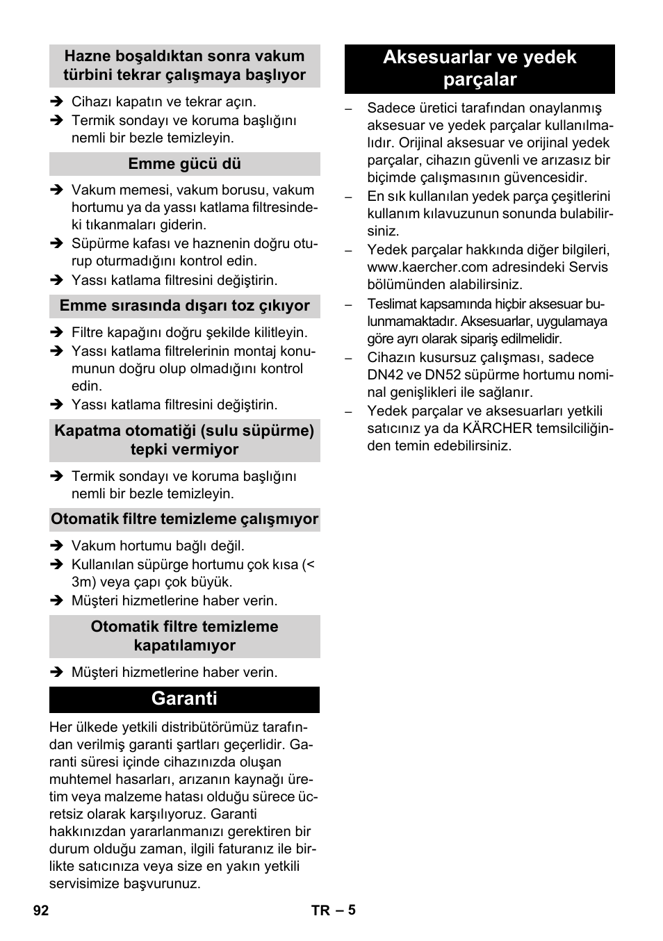 Garanti aksesuarlar ve yedek parçalar | Karcher IVC 60-30 Tact User Manual | Page 92 / 192