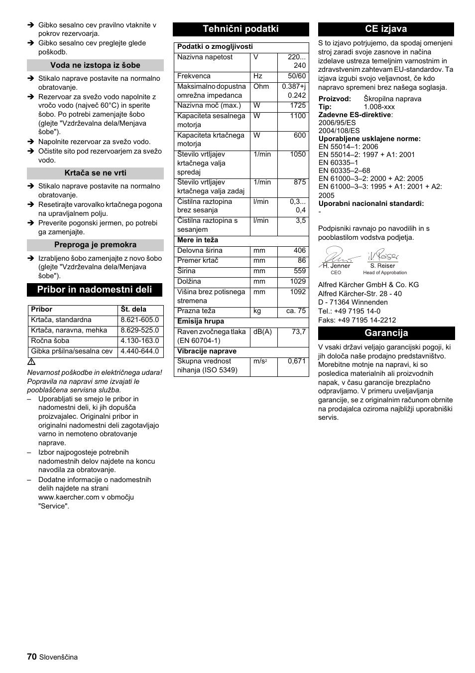 Pribor in nadomestni deli, Tehnični podatki, Ce izjava | Garancija | Karcher BRC 45-45 C User Manual | Page 70 / 112