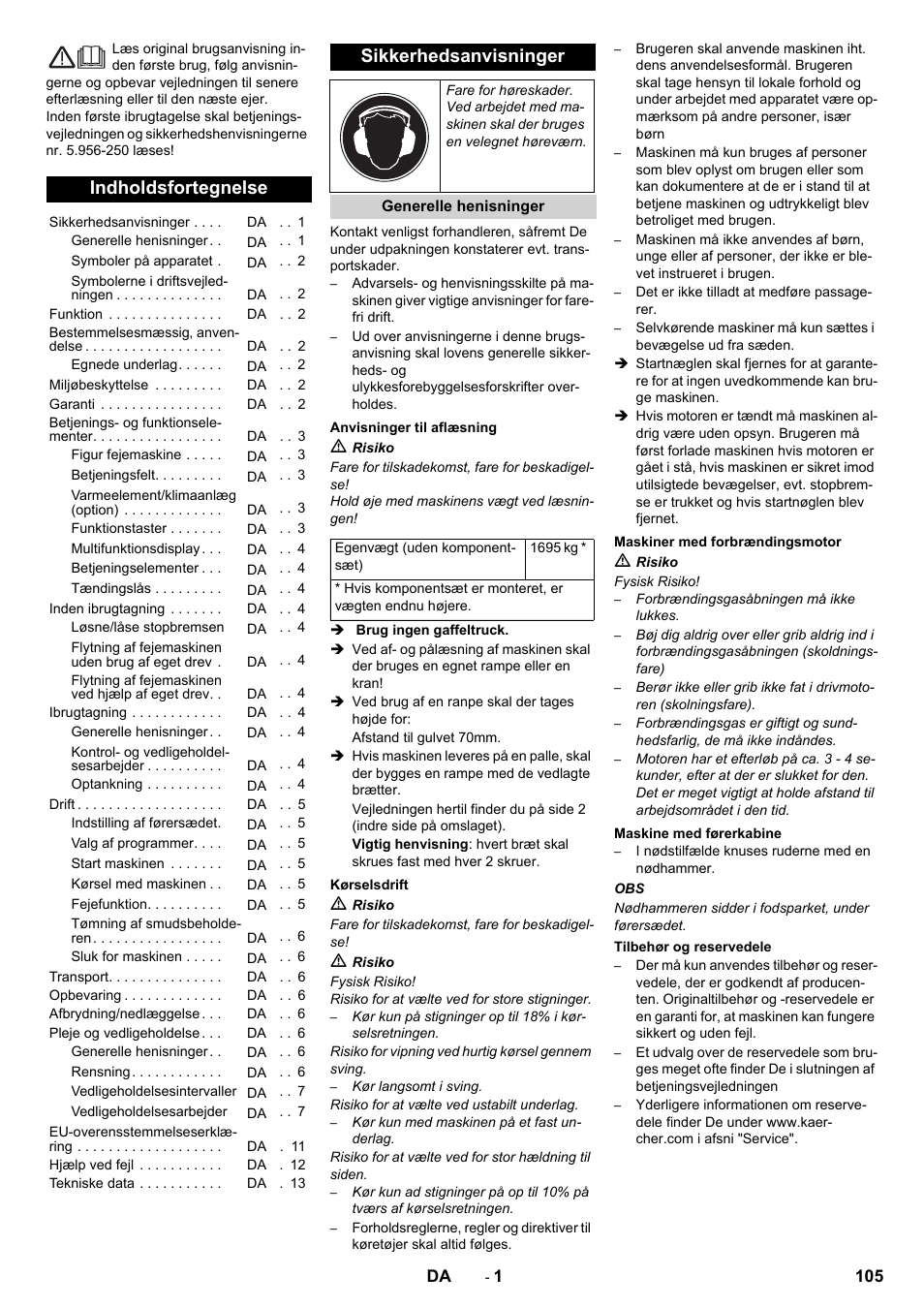 Dansk, Indholdsfortegnelse, Sikkerhedsanvisninger | Karcher KM 170-600 D User Manual | Page 105 / 428