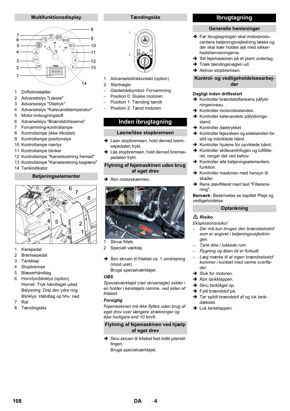 Inden ibrugtagning, Ibrugtagning | Karcher KM 170-600 D User Manual | Page 108 / 428