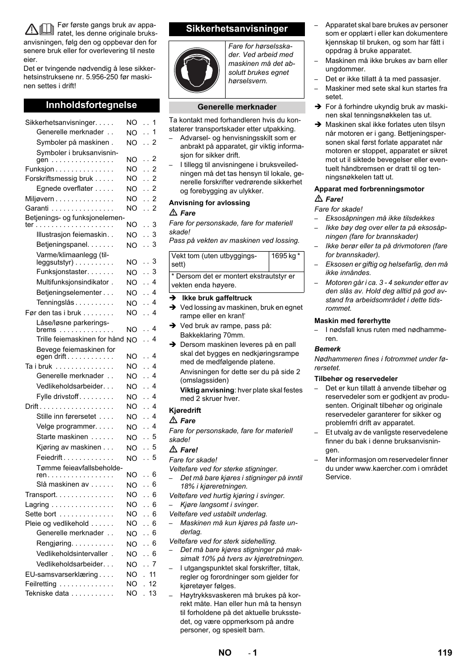 Norsk, Innholdsfortegnelse, Sikkerhetsanvisninger | Karcher KM 170-600 D User Manual | Page 119 / 428