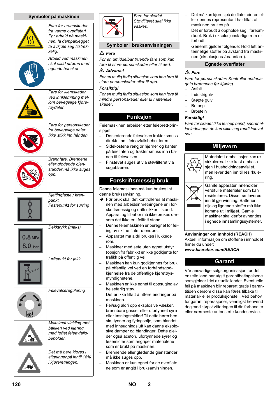 Funksjon forskriftsmessig bruk, Miljøvern, Garanti | Karcher KM 170-600 D User Manual | Page 120 / 428