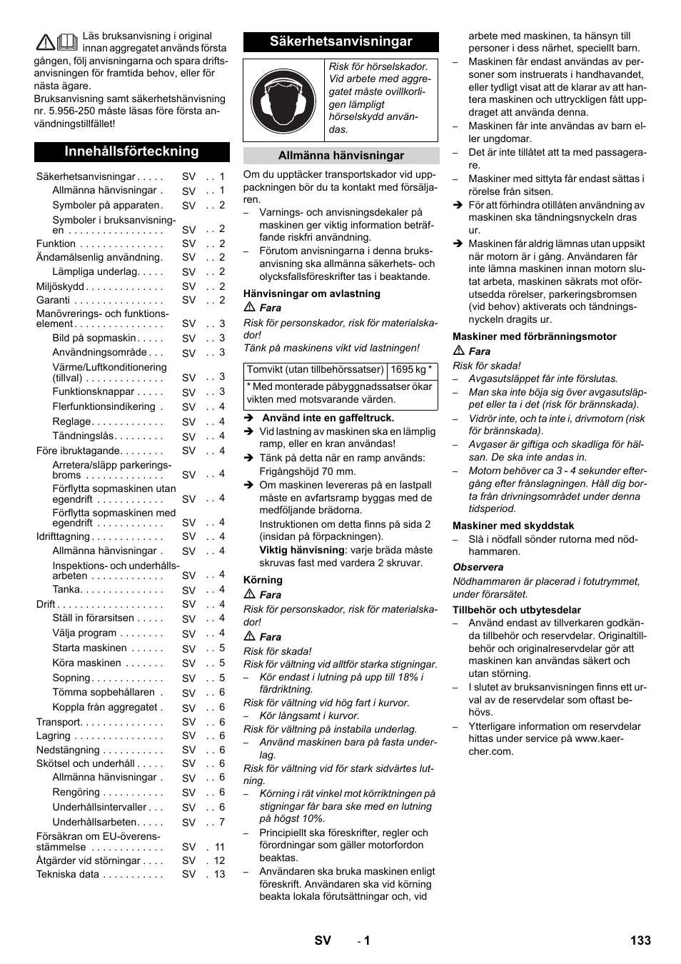Svenska, Innehållsförteckning, Säkerhetsanvisningar | Karcher KM 170-600 D User Manual | Page 133 / 428