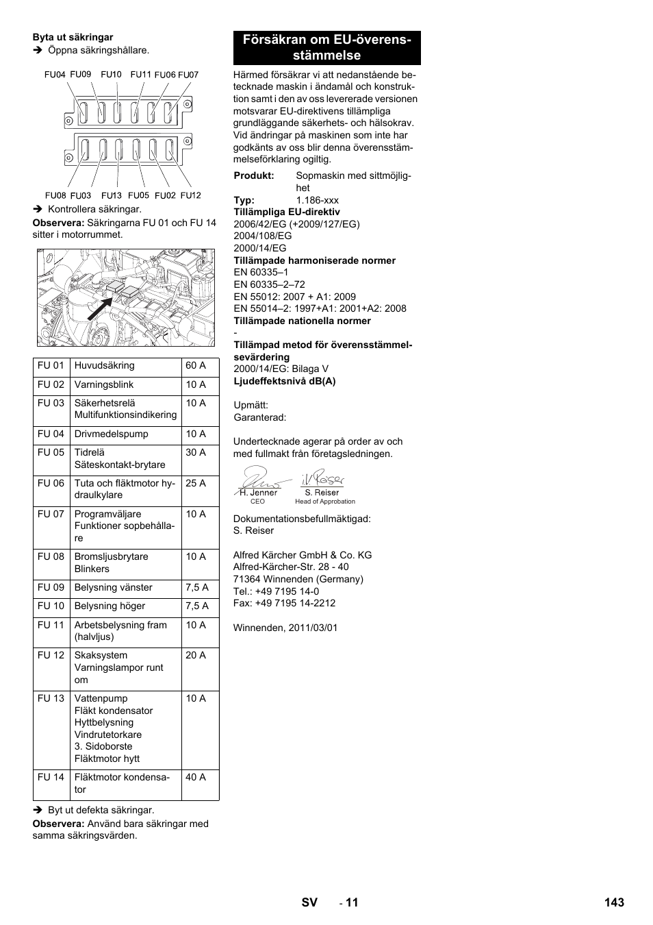Försäkran om eu-överens- stämmelse | Karcher KM 170-600 D User Manual | Page 143 / 428