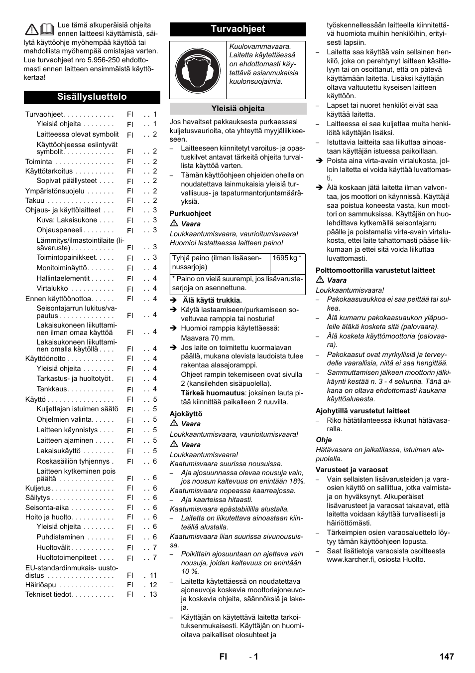 Suomi, Sisällysluettelo, Turvaohjeet | Karcher KM 170-600 D User Manual | Page 147 / 428