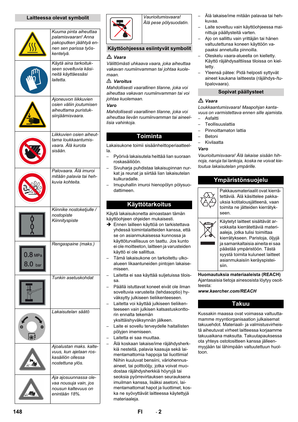 Toiminta käyttötarkoitus, Ympäristönsuojelu, Takuu | Karcher KM 170-600 D User Manual | Page 148 / 428
