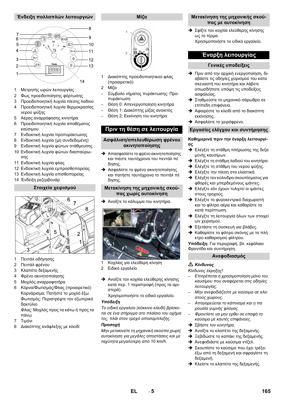 Πριν τη θέση σε λειτουργία, Έναρξη λειτουργίας | Karcher KM 170-600 D User Manual | Page 165 / 428