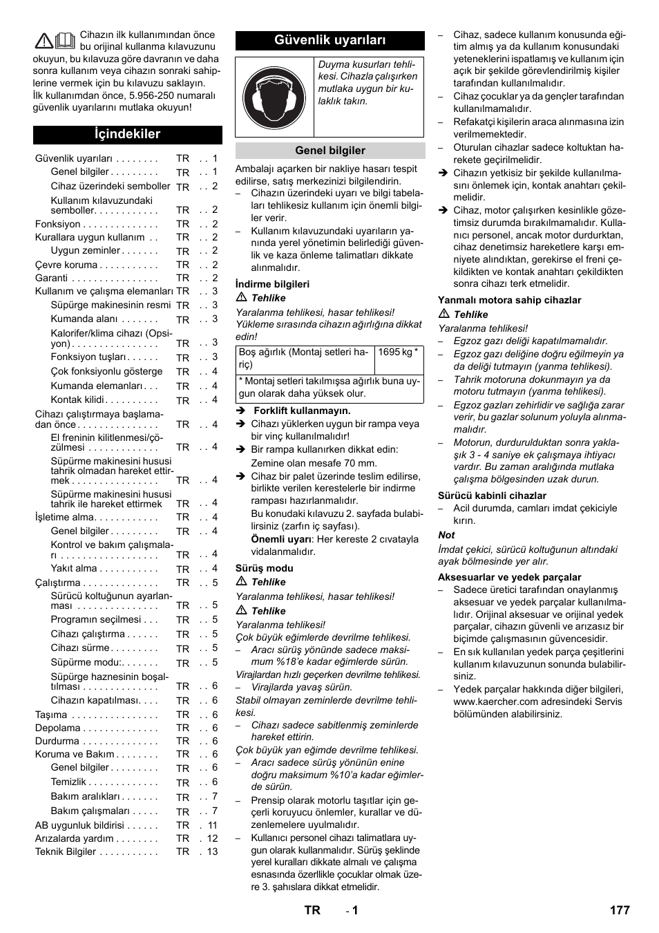 Türkçe, Içindekiler, Güvenlik uyarıları | Karcher KM 170-600 D User Manual | Page 177 / 428
