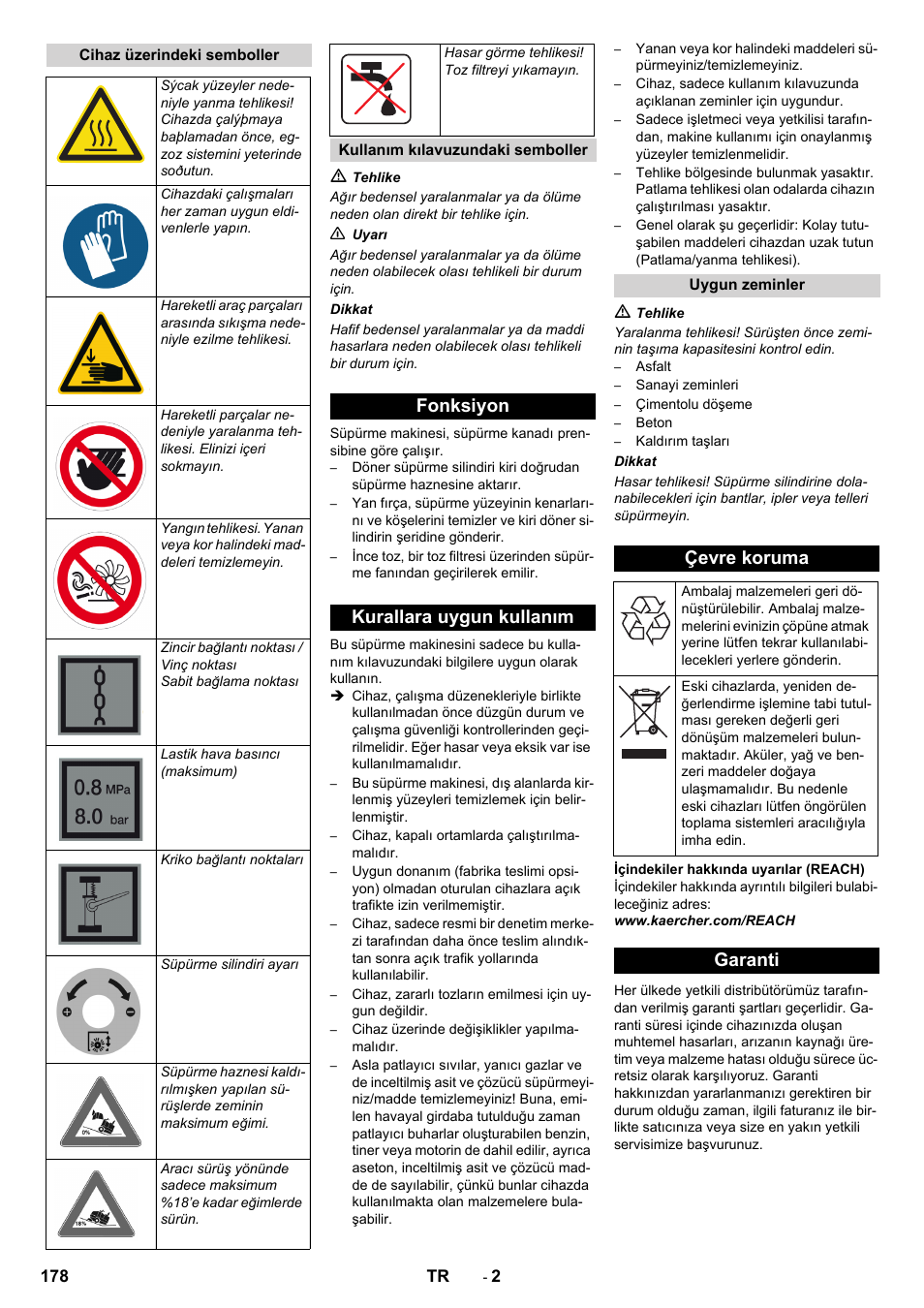 Fonksiyon kurallara uygun kullanım, Çevre koruma, Garanti | Karcher KM 170-600 D User Manual | Page 178 / 428