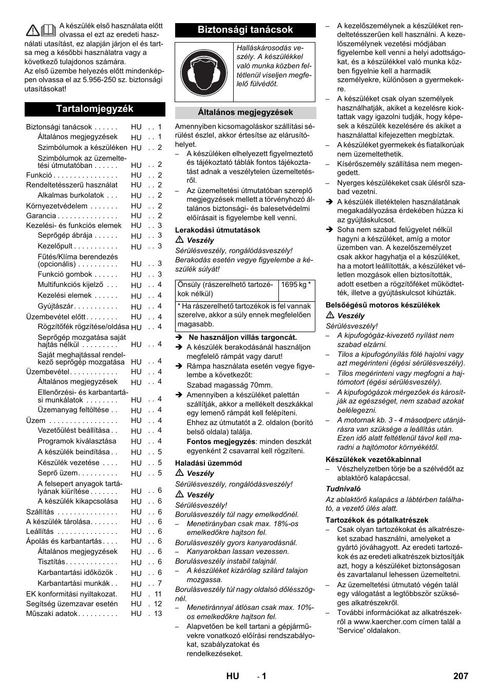 Magyar, Tartalomjegyzék, Biztonsági tanácsok | Karcher KM 170-600 D User Manual | Page 207 / 428