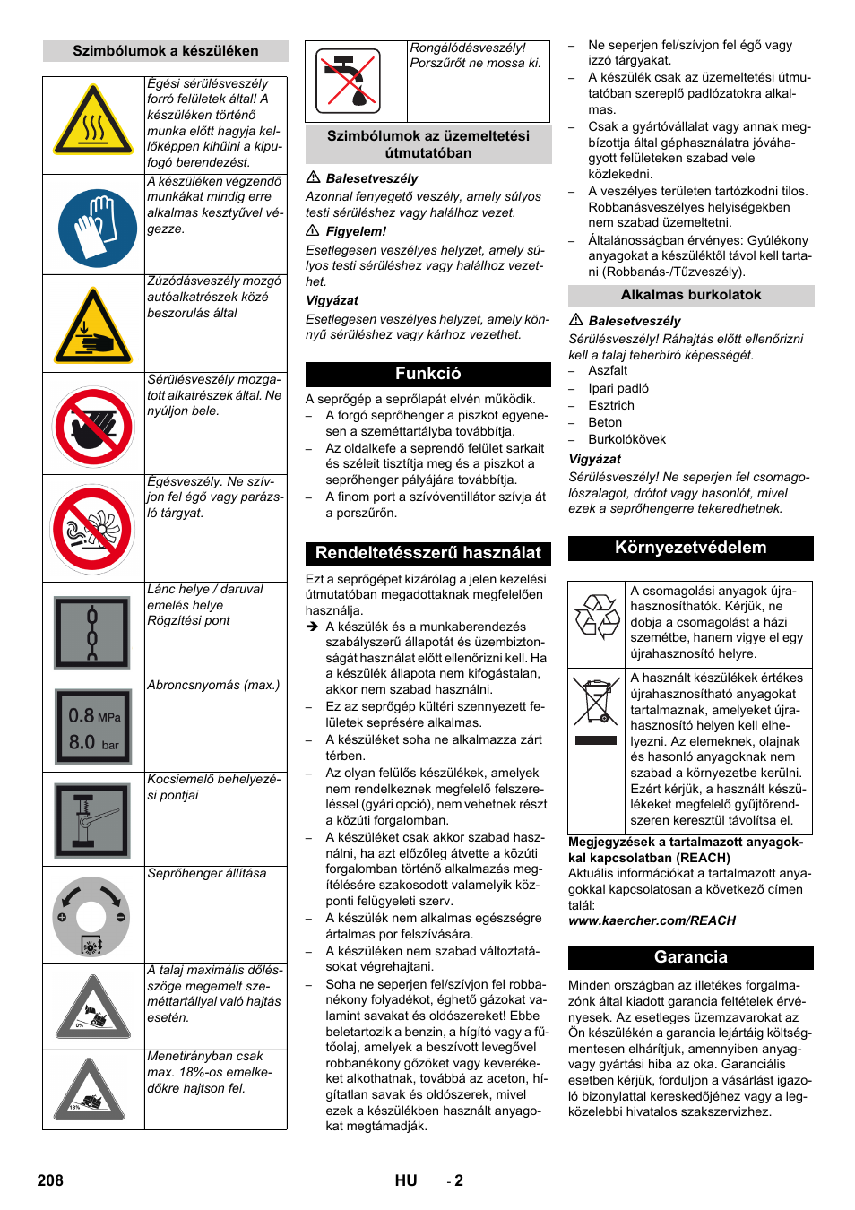 Funkció rendeltetésszerű használat, Környezetvédelem, Garancia | Karcher KM 170-600 D User Manual | Page 208 / 428