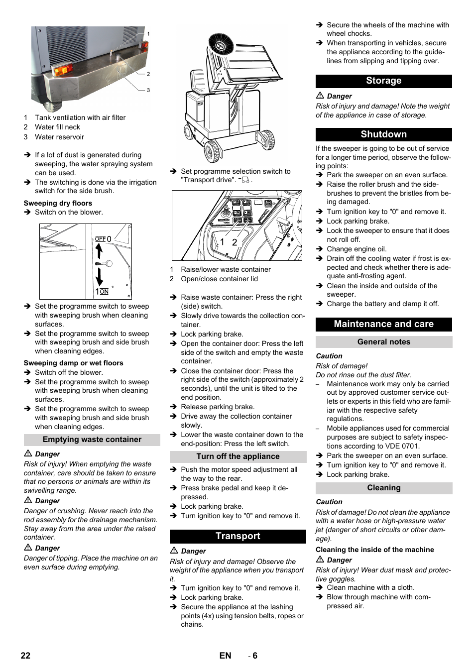 Transport storage shutdown maintenance and care | Karcher KM 170-600 D User Manual | Page 22 / 428
