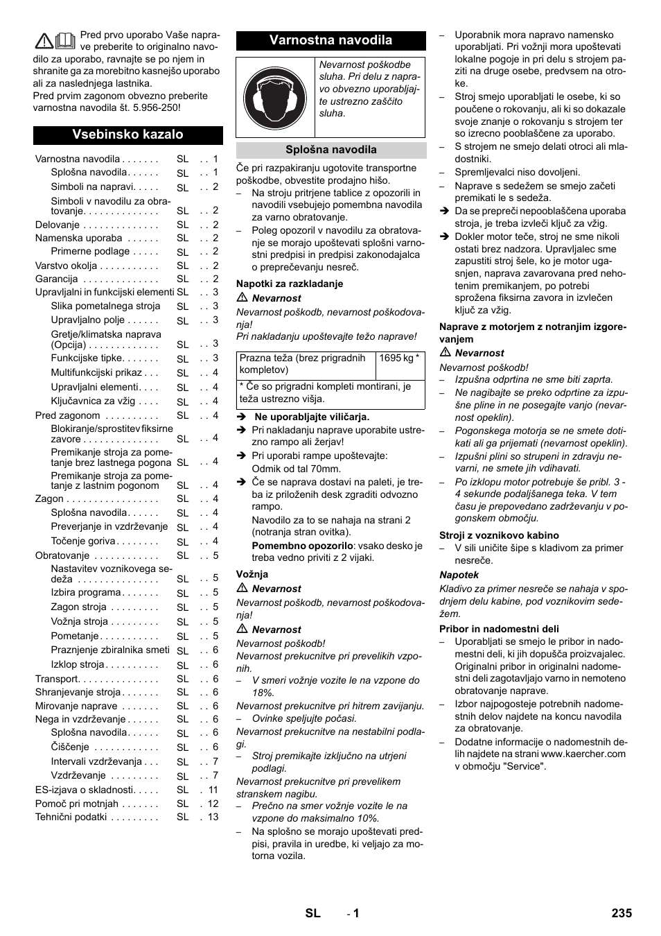 Slovenščina, Vsebinsko kazalo, Varnostna navodila | Karcher KM 170-600 D User Manual | Page 235 / 428