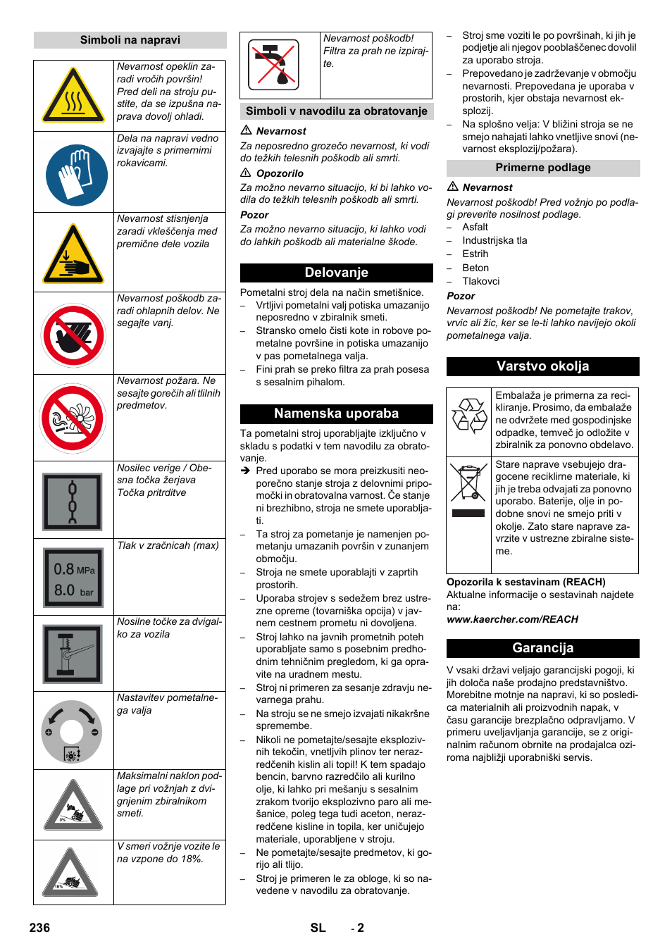 Delovanje namenska uporaba, Varstvo okolja, Garancija | Karcher KM 170-600 D User Manual | Page 236 / 428