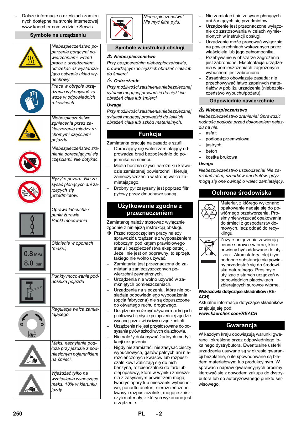 Funkcja użytkowanie zgodne z przeznaczeniem, Ochrona środowiska, Gwarancja | Karcher KM 170-600 D User Manual | Page 250 / 428
