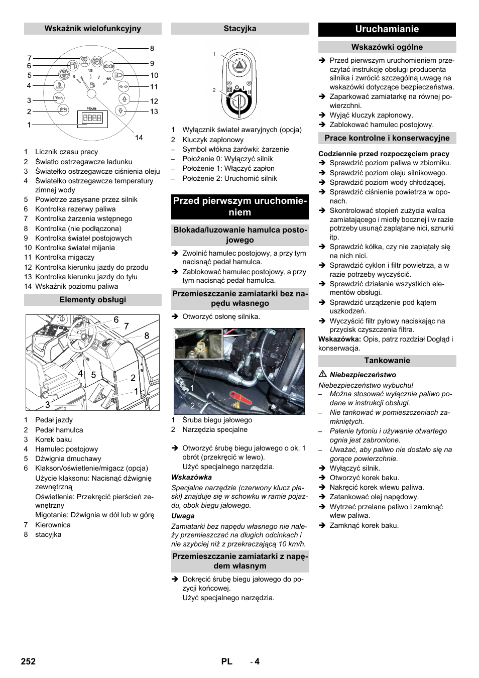 Przed pierwszym uruchomie- niem, Uruchamianie | Karcher KM 170-600 D User Manual | Page 252 / 428