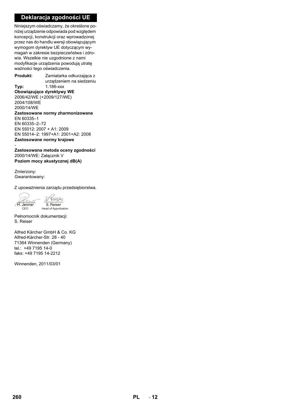 Deklaracja zgodności ue | Karcher KM 170-600 D User Manual | Page 260 / 428