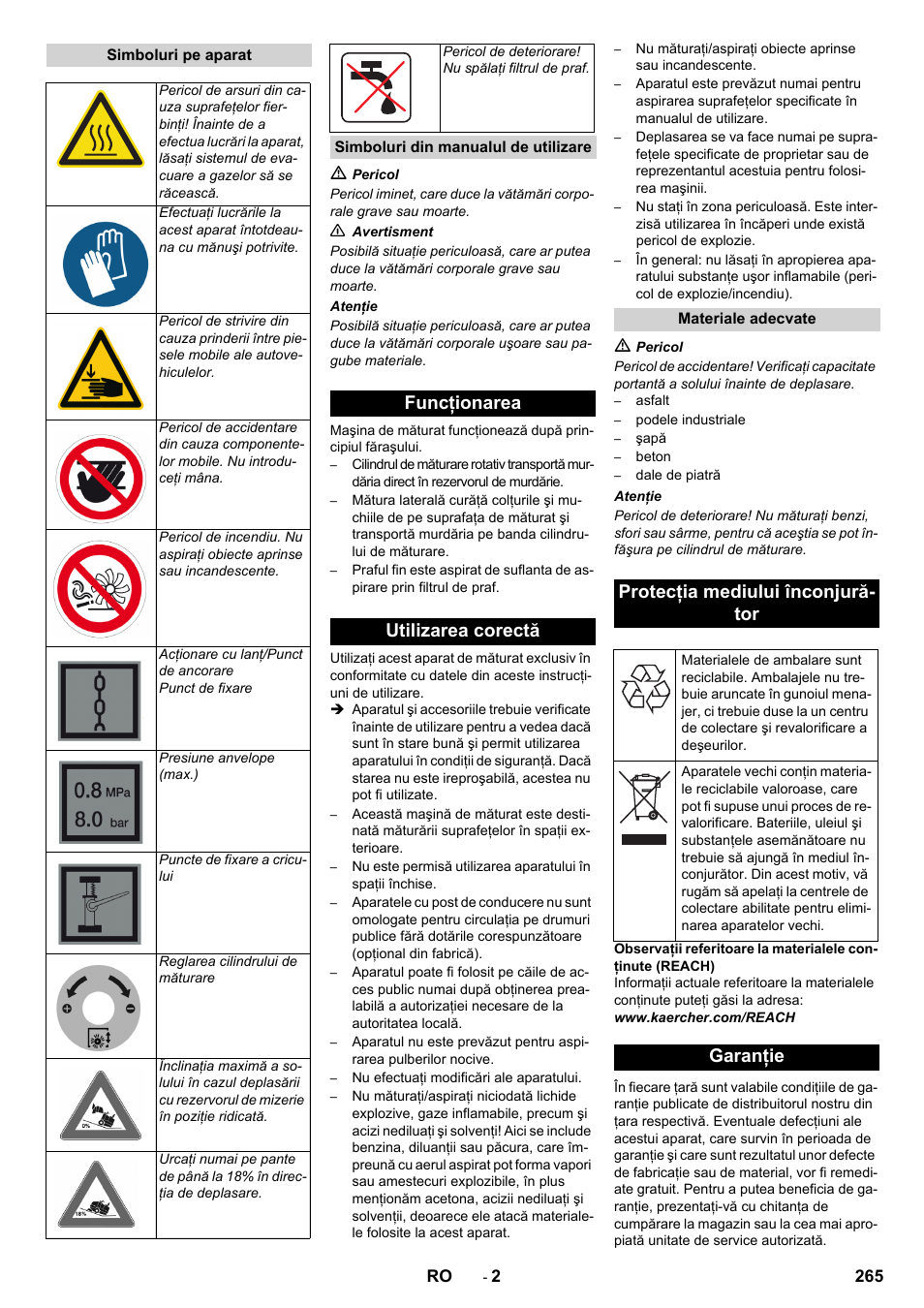 Funcţionarea utilizarea corectă, Protecţia mediului înconjură- tor, Garanţie | Karcher KM 170-600 D User Manual | Page 265 / 428