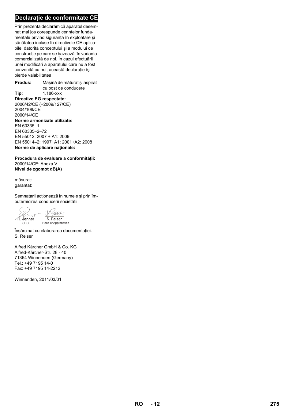 Declaraţie de conformitate ce | Karcher KM 170-600 D User Manual | Page 275 / 428