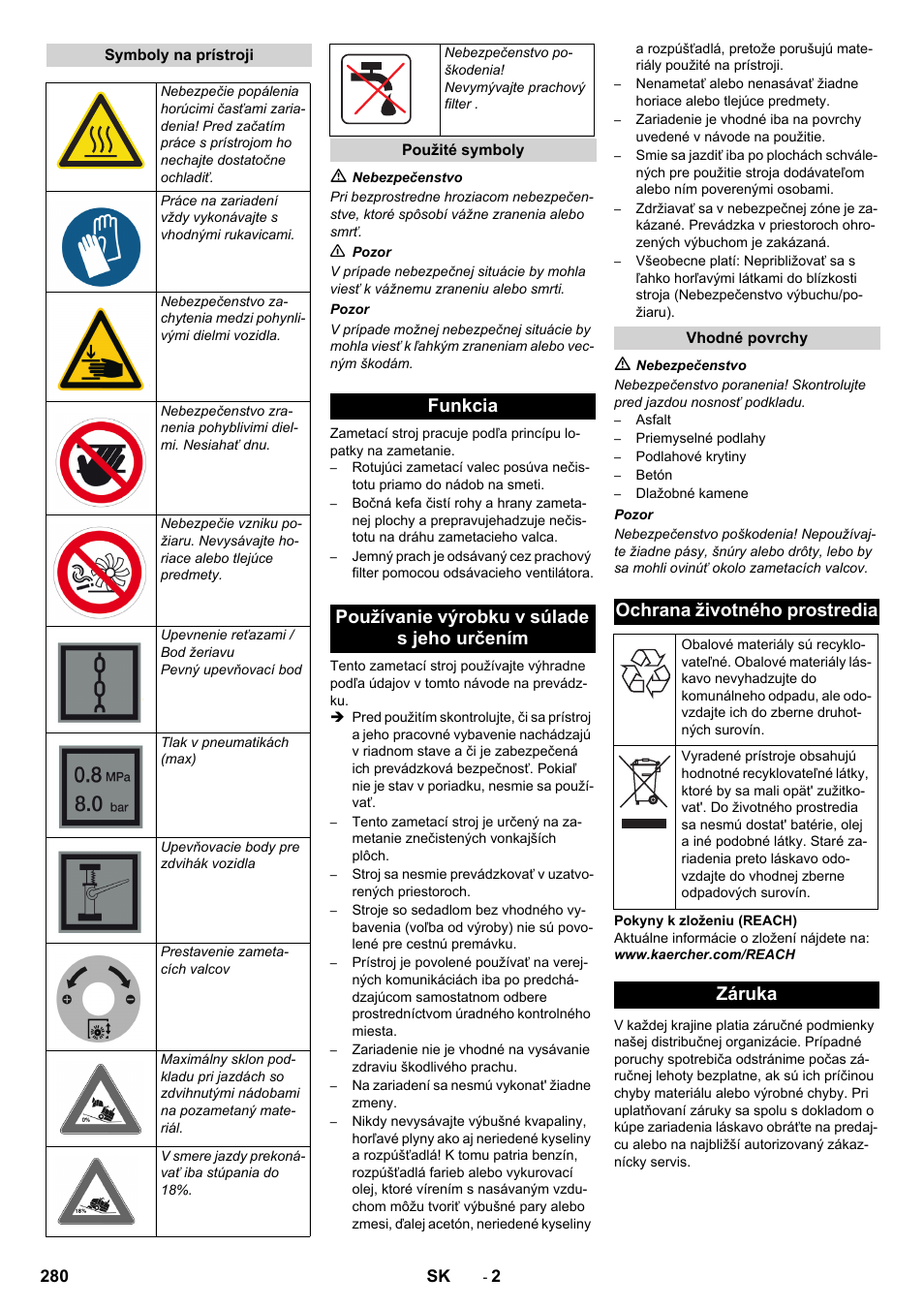 Funkcia používanie výrobku v súlade s jeho určením, Ochrana životného prostredia, Záruka | Karcher KM 170-600 D User Manual | Page 280 / 428