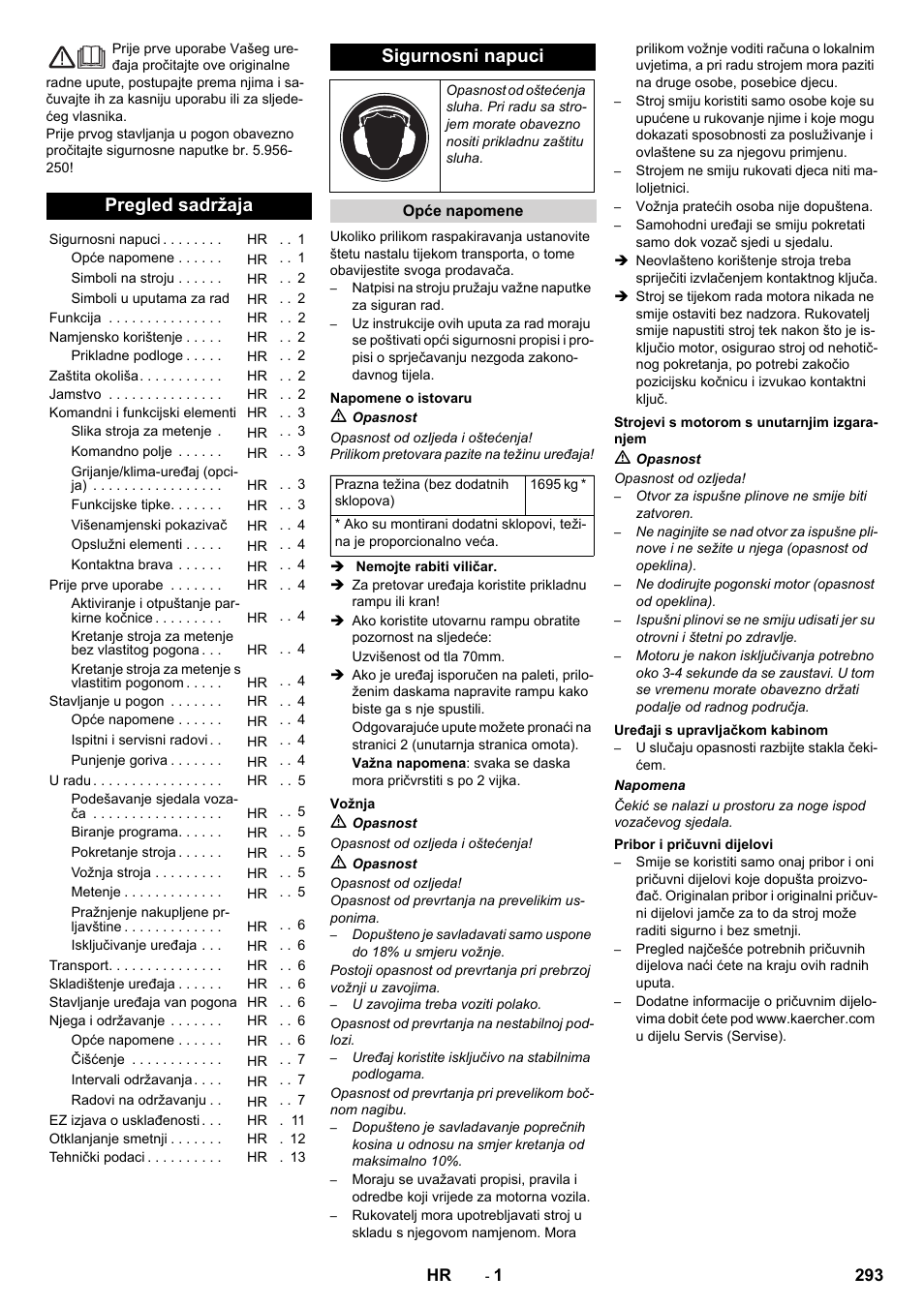 Hrvatski, Pregled sadržaja, Sigurnosni napuci | Karcher KM 170-600 D User Manual | Page 293 / 428