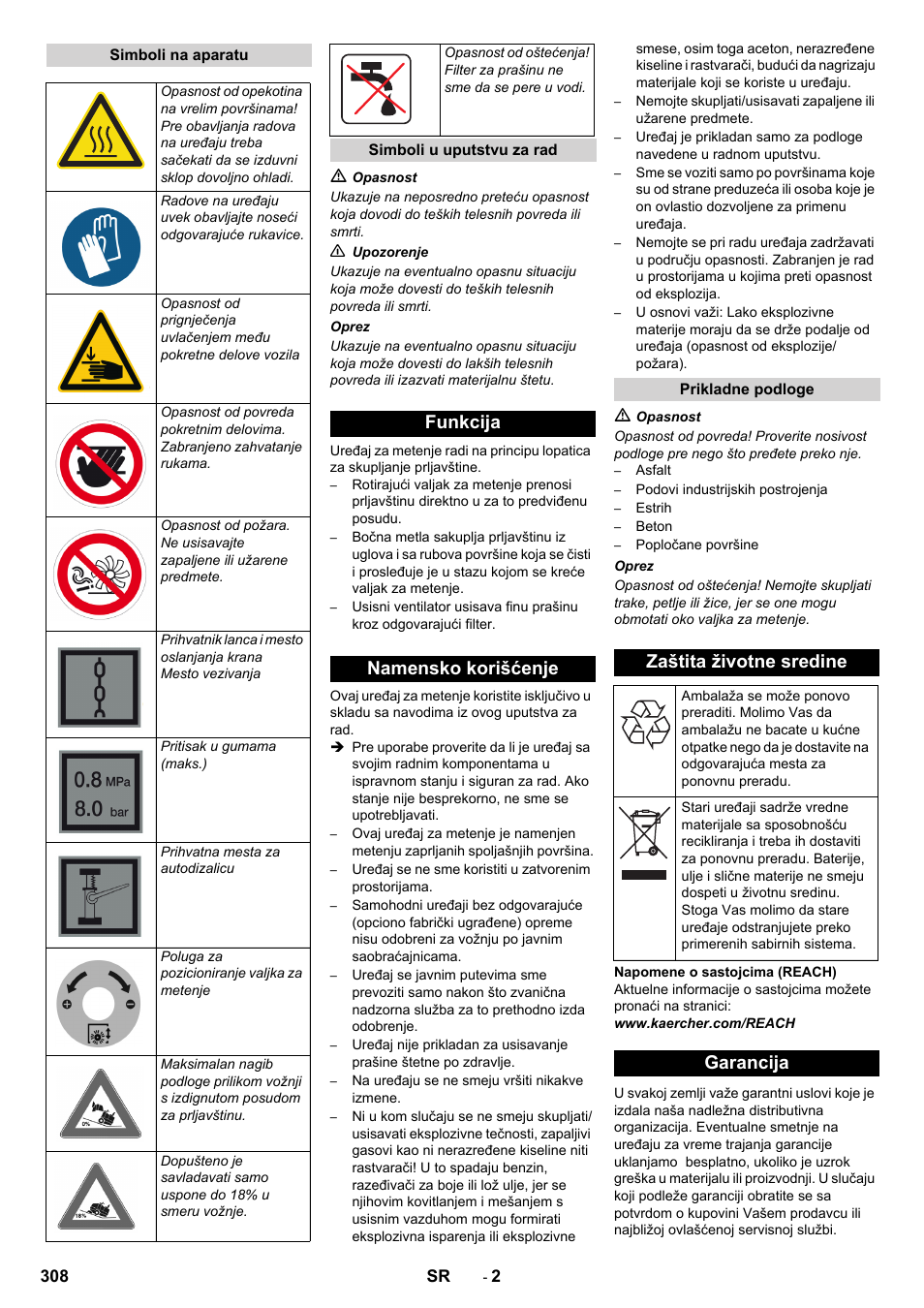 Funkcija namensko korišćenje, Zaštita životne sredine, Garancija | Karcher KM 170-600 D User Manual | Page 308 / 428