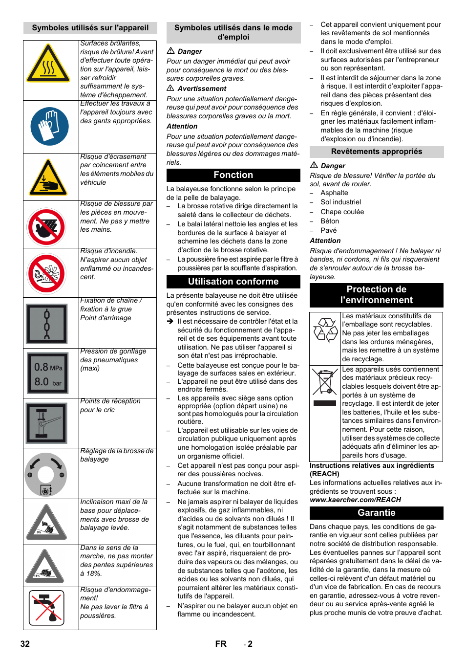 Fonction utilisation conforme, Protection de l’environnement, Garantie | Karcher KM 170-600 D User Manual | Page 32 / 428