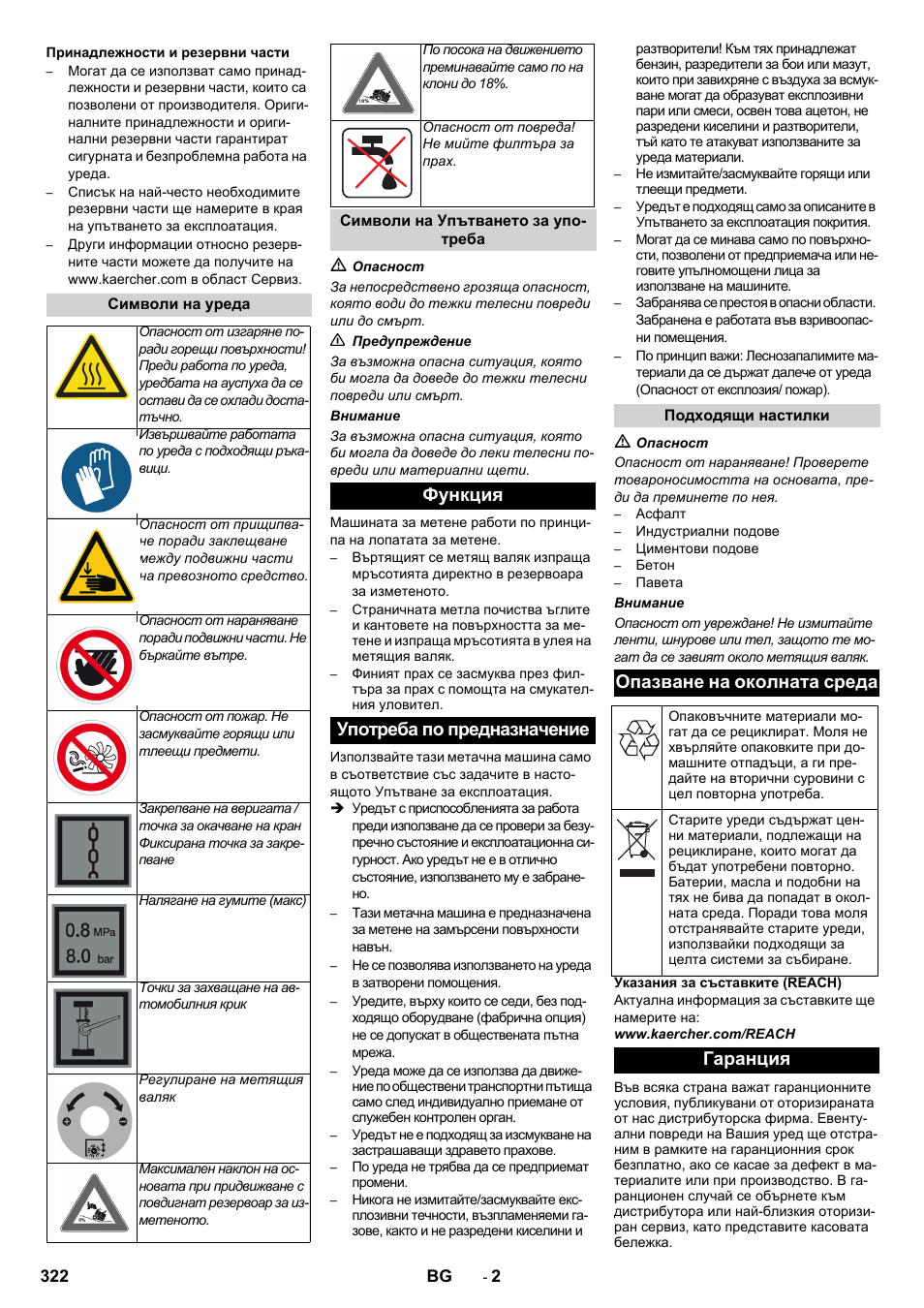 Функция употреба по предназначение, Опазване на околната среда, Гаранция | Karcher KM 170-600 D User Manual | Page 322 / 428