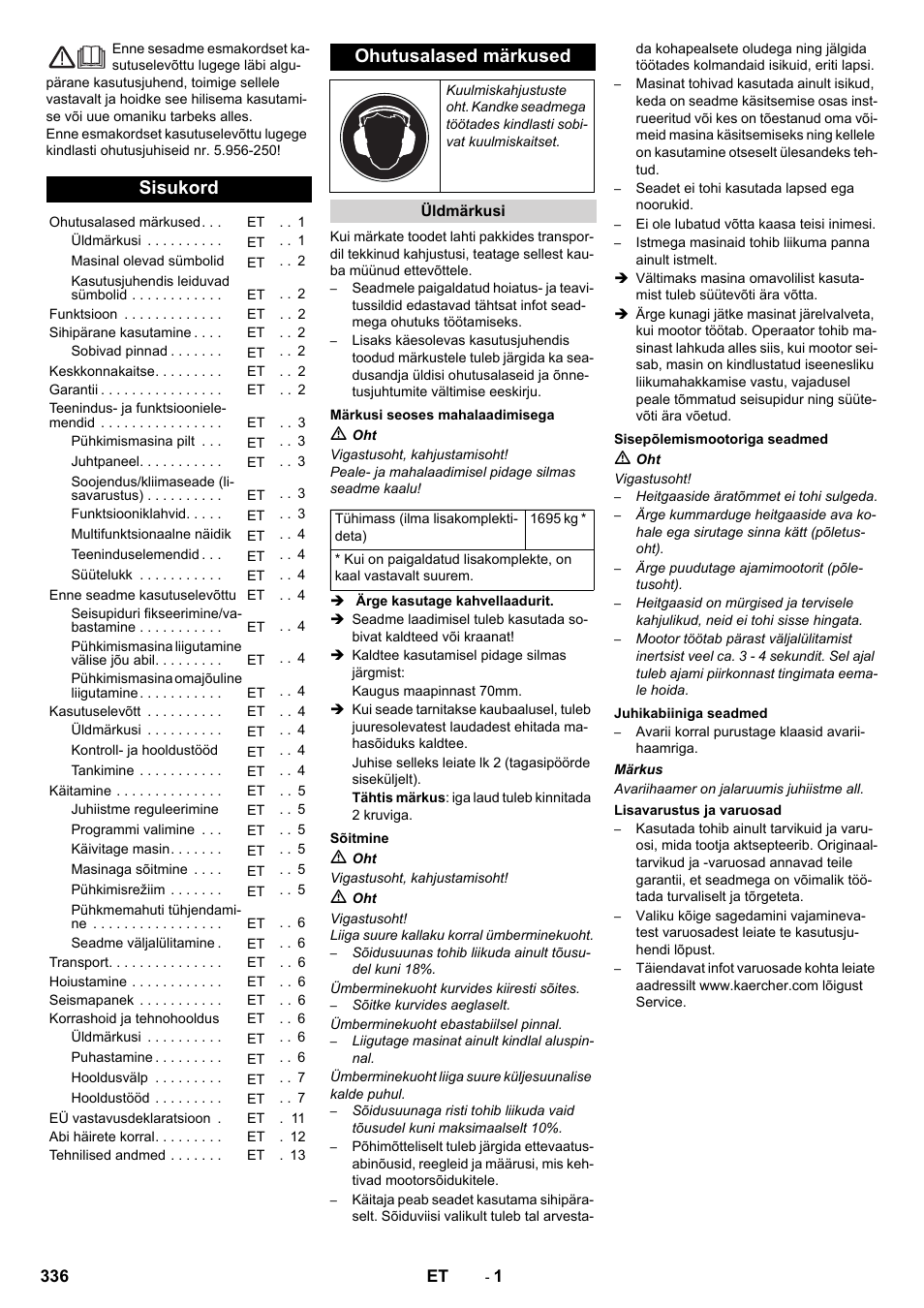 Eesti, Sisukord, Ohutusalased märkused | Karcher KM 170-600 D User Manual | Page 336 / 428
