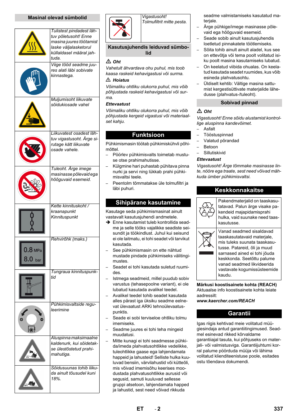 Funktsioon sihipärane kasutamine, Keskkonnakaitse, Garantii | Karcher KM 170-600 D User Manual | Page 337 / 428
