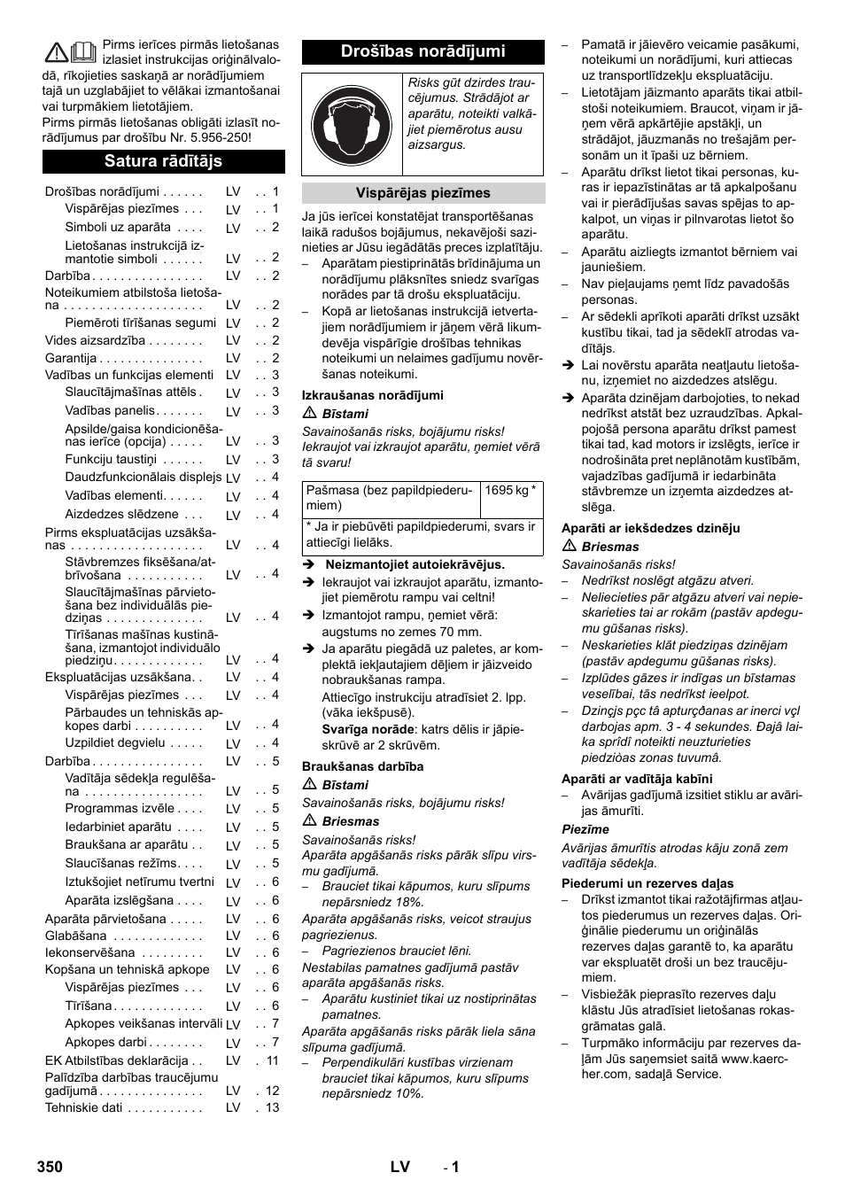Latviešu, Satura rādītājs, Drošības norādījumi | Karcher KM 170-600 D User Manual | Page 350 / 428