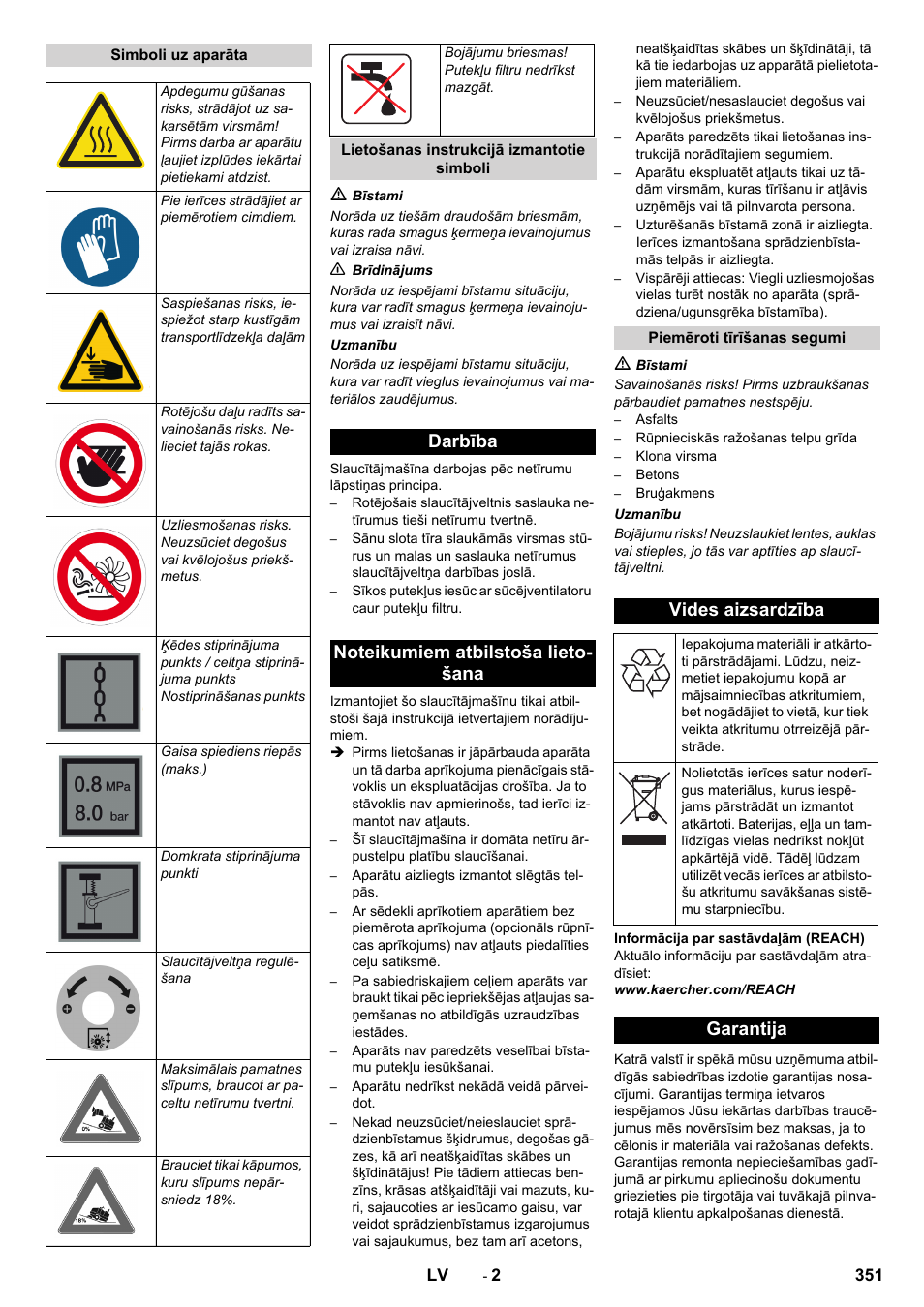 Vides aizsardzība, Garantija | Karcher KM 170-600 D User Manual | Page 351 / 428