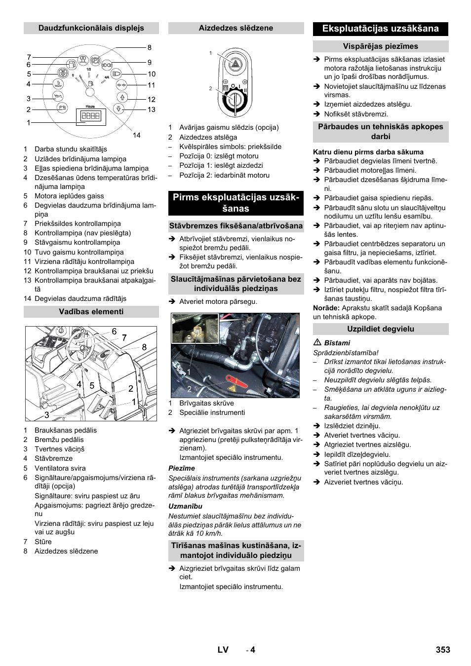 Pirms ekspluatācijas uzsāk- šanas, Ekspluatācijas uzsākšana | Karcher KM 170-600 D User Manual | Page 353 / 428